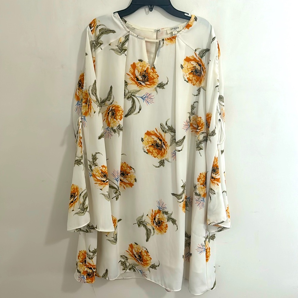 Umgee White Floral Bell Sleeve Dress with Mustard Blooms